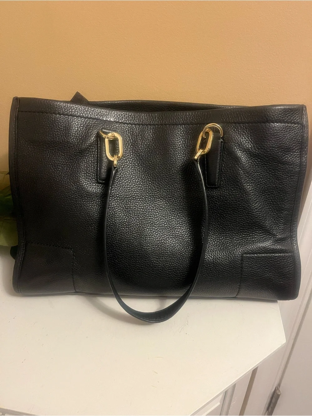 Tory Burch Black Pebbled Leather Tote with Gold Logo Hardware